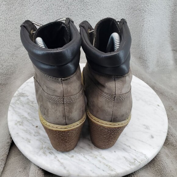 Timberland Shoes Womens Size 7.5 Taupe Brown Leather Amston Wedge Boots - Picture 8 of 11